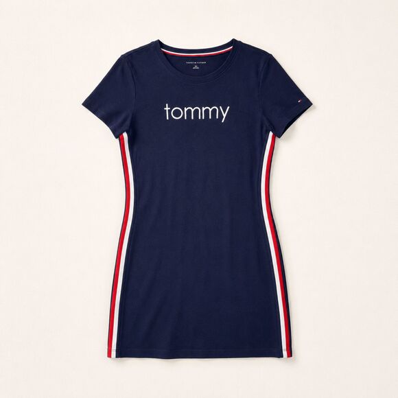 Tommy Hilfiger Dresses & Skirts - Tommy Hilfiger Womens M Navy Logo T-Shirt Dress Side Stripe Stretch Cotton Mini